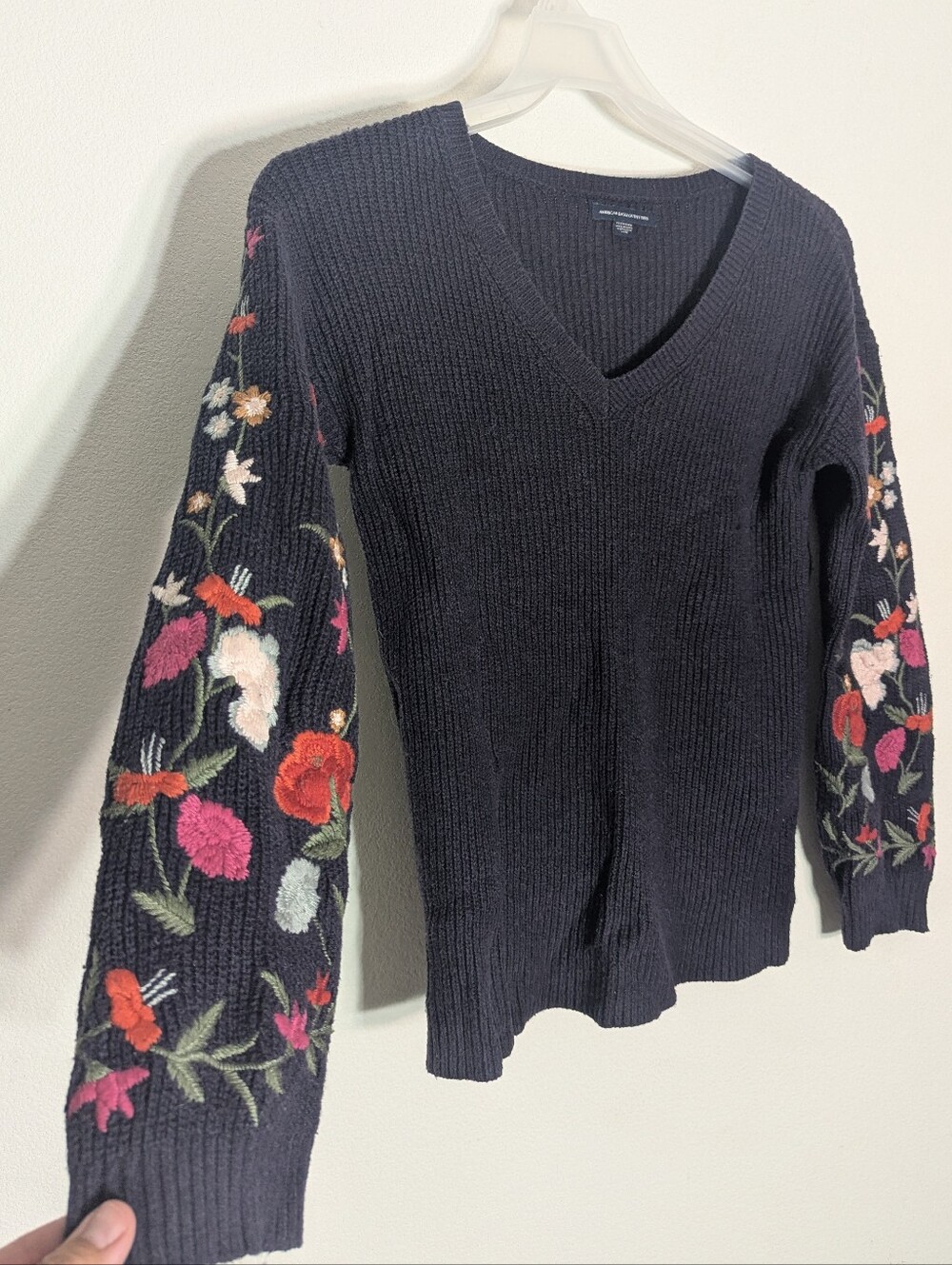 Womens Waffle Knit Shirt Embroidered Floral Puff Sleeves Boho Cottage Fairy XS